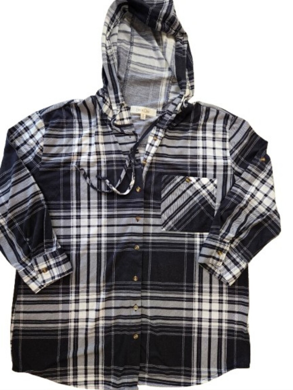 Eden & Olivia Plaid Hooded Button-Up Shirt Black & White Size Medium